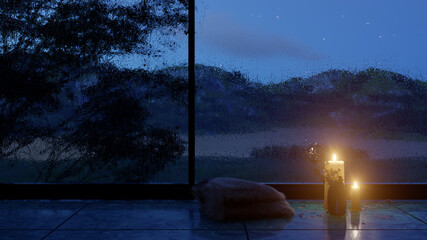 Windows with Rainy View at Night 3D Rendering