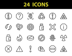 WARNINGS simple set of thin line vector icons. Contains icons such as warning, exclamation mark, reuse, warning sign and more. Editable stroke. Vector illustration