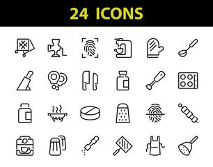 KITCHEN ICON Cooking process, Kitchen tools, Icon set, thin line vector has a blender, oven, knife, grater, barbecue, apron, barbecue, grill, coffee machine, kitchen glove, Editable stroke