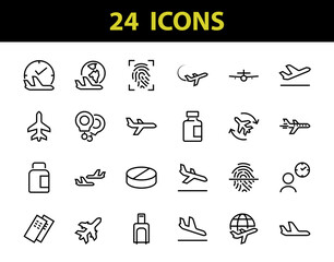 A simple set of airport related vector line icons. Contains badges such as departure, boarding, waiting time, boarding, find a place to travel tickets, and much more. Editable stroke. 48x48 pixels