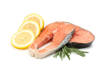 Fresh raw salmon meat and spices isolated on white background