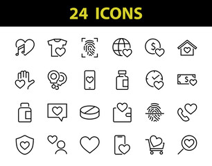 Fototapeta premium The set of icons about love contains such icons as love of music, declaration of love, heart, favorite home, Linear set. Vector on a white background. Editable stroke. 480x480