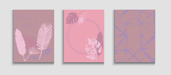 Abstract Hipster Vector Banners Set. Tie-Dye, Tropical Leaves Covers. 