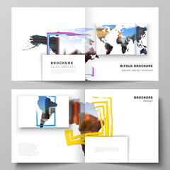 Vector layout of two covers templates for square bifold brochure, flyer, cover design, book design, brochure cover. Design template in the form of world maps and colored frames, insert your photo.