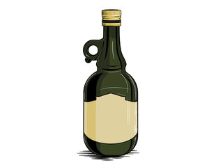 Vintage glass bottle with handle, color illustration with ink effect and outlines. Blank label. Isolated on a white vector.
