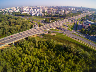Aerial panorama of urban area in central Europe. Crossroad of main roads.