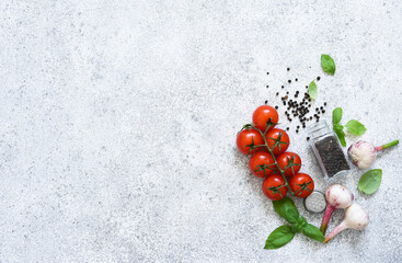 Spices for cooking: tomatoes, basil, garlic. Top view with place for text. Flatly