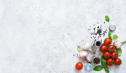 Spices for cooking: tomatoes, basil, garlic. Top view with place for text. Flatly