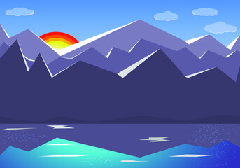 Dawn in the mountains color image in flat style. Mountains, lake, dawn.