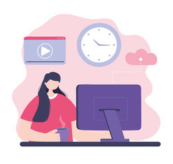 online training, girl looking video computer with coffee cup, courses knowledge development using internet