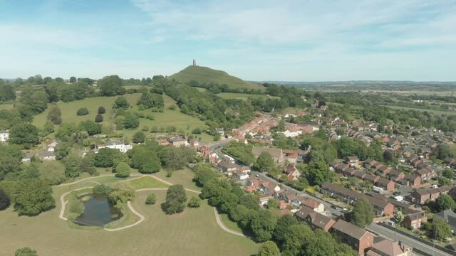 Aerial view of the historic village of Glastonbury, Somerset