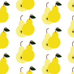 Vector illustration. Seamless pattern with whole, half pear, leaves isolated on white. Design for kitchen, textile, fabric,summer, wallpaper, wrapping, scrapbooking, packaging, card, poster
