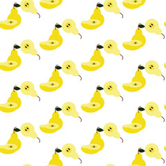 Vector illustration. Seamless pattern with whole, half pear, leaves isolated on white. Design for kitchen, textile, fabric,summer, wallpaper, wrapping, scrapbooking, packaging, card, poster