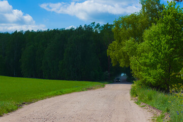 Green landscape, field and blue sky, trees, forest, nature, countryside, sun and light