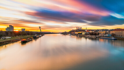 Fototapeta na wymiar Sunset in Bratislava around Danube river