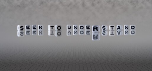 seek to understand concept represented by black and white letter cubes on a grey horizon background...