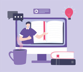 online training, man in video teaching computer lesson books, courses knowledge development using internet
