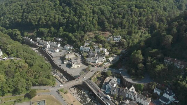 Aerial view of the village of Lynmouth in Exmoor National Park, Devon, UK