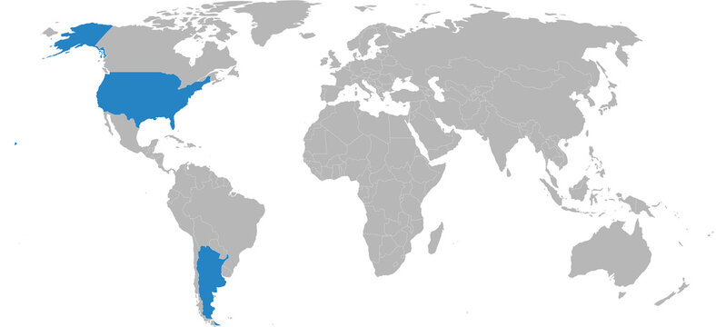 Argentina, USA countries isolated on world map. Light gray background. Business concepts, diplomatic, trade and transport relations.