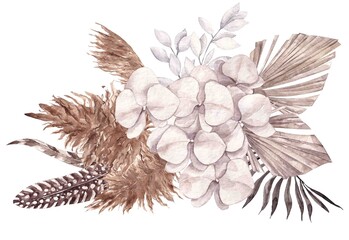 Watercolor floral bouquet with pampas grass, flowers of orchid, palm leaves and branches, isolated on white background