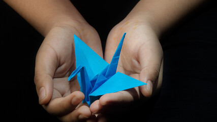 Hand holding Origami Paper Crane (Orizuru), Bluebird.  on Black Background 