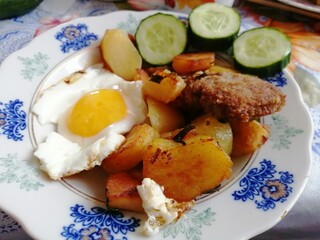 tomorrow omelet fried eggs eggs potatoes fried cucumbers on a plate

