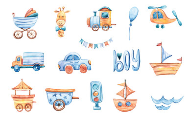 Funny cartoon transport, sailboat, giraffe, traffic light in pastel colors. Cute nursery illustration on white background. Ready for print. Can be used for sticker, poster, print, fabric, textile