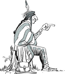 Fototapeta na wymiar Hand drawn, native american sitting. Comic Indian man pointing a finger
