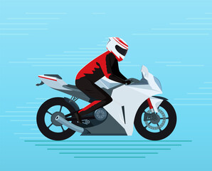 Motorcyclist In a protective suit and helmet rides a sports bike. Adventure touring vehicle with a biker on it. Blue background. Sport motorcycle flat design vector illustration. Side view.