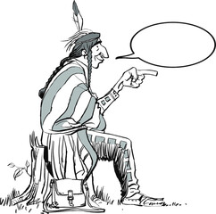 Hand drawn, native american sitting. Comic Indian man pointing a finger