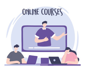 online training, man in video webinar people with laptop, courses knowledge development using internet