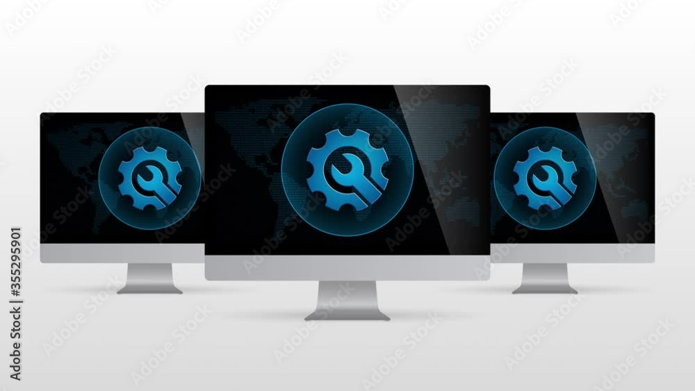 Poster digital world desktop device with repair tool. realistic computer monitor with tool symbol in screen