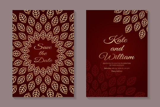 Set of modern luxury wedding invitation design or card templates for business or presentation or greeting with golden leaves on a red background.