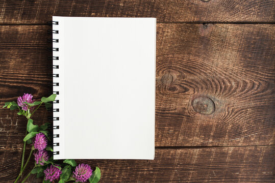 Top view image of an open notebook with blank pages near clover flowers on a wooden table. Space for text or image.