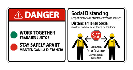 Danger Bilingual Social Distancing Construction Sign Isolate On White Background,Vector Illustration EPS.10