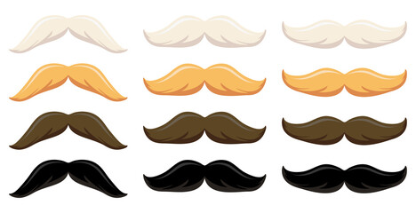 Vector collection of mustache in various colors isolated on white background.