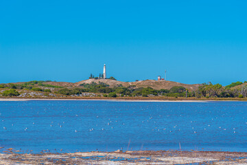 Wadjemup lighthouse over saline lakes at Rottnest island in Australia
