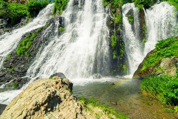 Noisy full flow Shaki waterfall, a landmark of Armenia