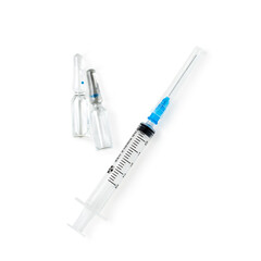 Fototapeta premium Medical syringe and medicine in ampoules isolated on a white background.