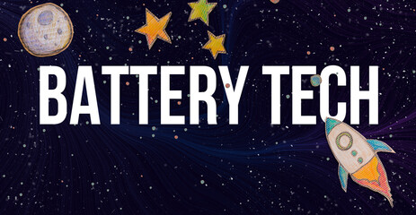 Battery Tech theme with space background with a rocket, moon, and stars
