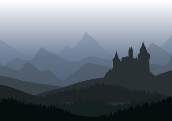 old castle on the hill, vector illustration of mountains and forest landscape