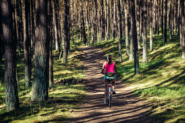 Woman rides bike in Wolin National Park on Wolin - Baltic Sea island in Poland