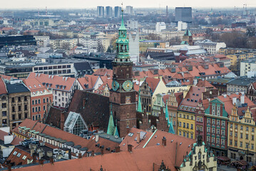 Fototapeta premium Old Town Hall building seen from tower of St Elisabeth Church in historic part of Wroclaw, Poland