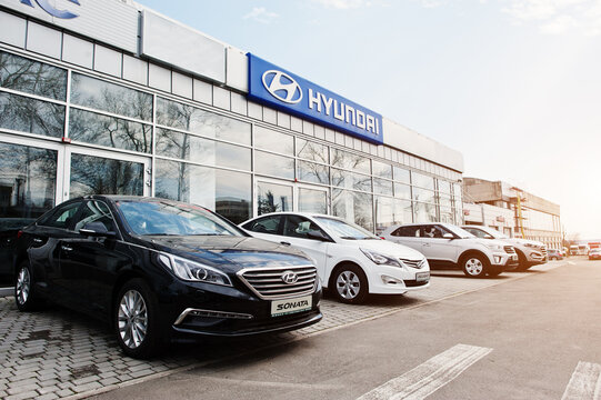 Kiev, Ukraine - March 22, 2017: New Hyundai Accent, Sonata, Tucson and Creta, at car dealership.
