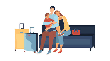 Family Travel Concept. People With Luggage Travelling Together. Parents With Child Are Sleeping Sitting In Airport Waiting For The Flight. Father Holds Son In Arms. Cartoon Flat Vector illustration