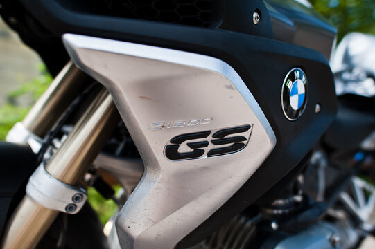 Zolochiv, Ukraine - July 24, 2018: Close-up photo of a detail of a sport fast motorbike BMW GS r1200 motorcycle.