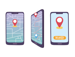 online delivery service, smartphone location navigation map pointer, fast and free transport, order shipping, app website