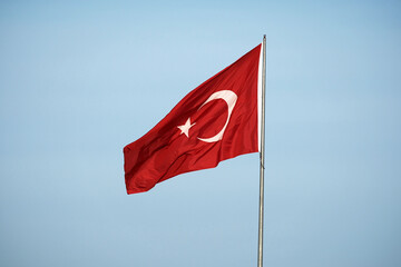 turkish republic flag waving in blue sky, turkish flag slow 