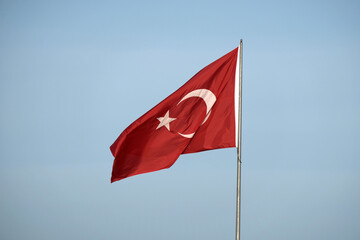 turkish republic flag waving in blue sky, turkish flag slow 
