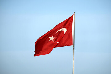 turkish republic flag waving in blue sky, turkish flag slow 